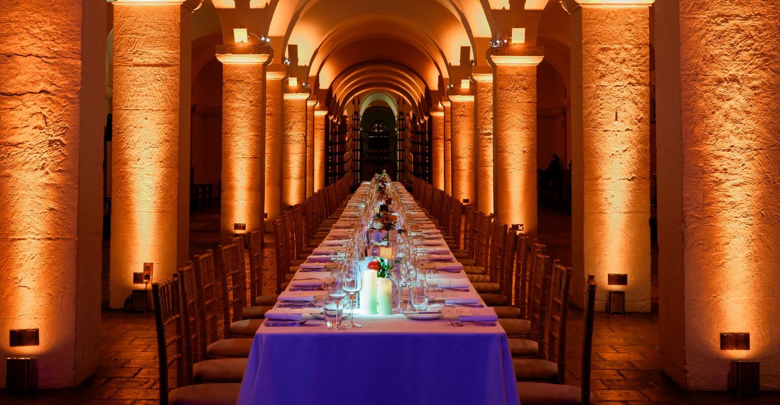 Long dining table set for an event in St Paul's Cathedral